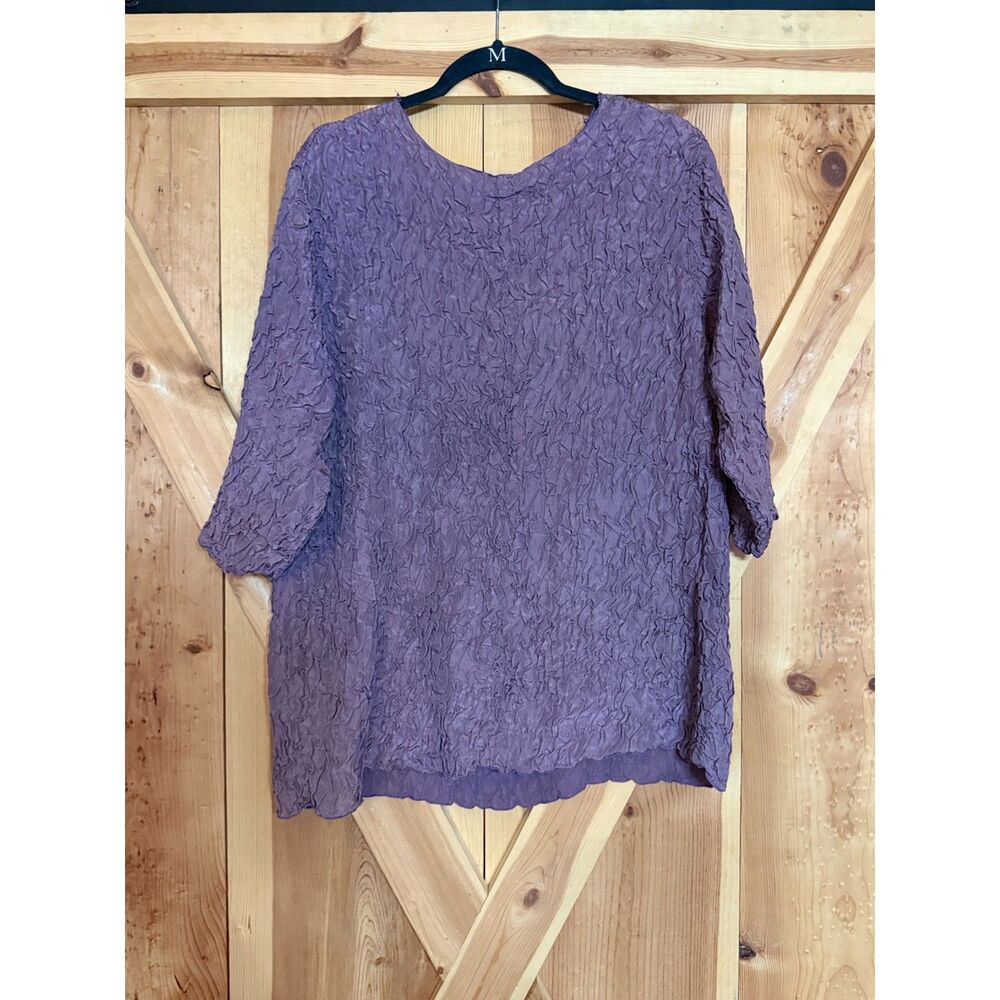 Y2K Purple Textured Crinkle Shirred Tunic Top 3/4 Sleeve Sz Large Boho Stretch